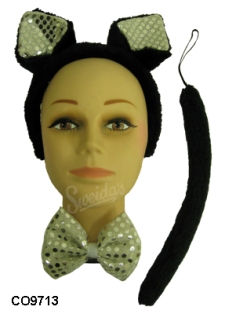 Cat -set sequines ears tie & tail